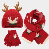 Red Christmas Contrast Reindeer Antler Decor Knitted Scarf Hat Gloves Three Piece Set
