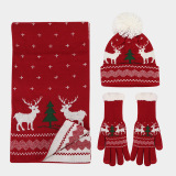 Red Christmas Reindeer Pattern Wapiti Contrast Knitted Hat Scarf Gloves Set