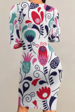 Apricot Floral Letter Print O Neck Long Sleeve Casual Outing Bodycon Pencil Midi Dress