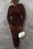 Brown Long Sleeve O Neck Work Wear Formal Evening Party Ruched Bodycon Maxi Dress