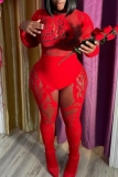 Red Skinny Party Club Mesh Round Neck Long Sleeve Crop Tops and Pencil Pants Two Pieces Matching Sets