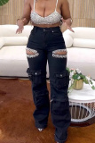 Blue Casual Hollow Out Pocket Hot Drill High Waist Straight Denim Cargo Jeans