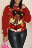 Red Loose Casual African Girl Print Round Neck Long Sleeve Fall Winter  Fleece-lined Sweatshirt Tops