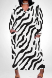 Black Red Stripe Print V Neck Long Sleeve Ankle Length Casual Outings Plus Size Straight Loose Tunic Maxi Dress With Pocket