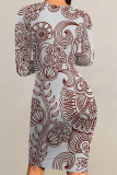 Apricot Floral Letter Print O Neck Long Sleeve Casual Outing Bodycon Pencil Midi Dress