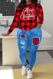 Black Red Christmas Casual Letter Plaid Print Round Neck Long Sleeve Sweatshirt and Pencil Sweatpants Fall Winter Two Pieces Sweatsuits Sets