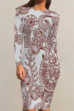 Apricot Floral Letter Print O Neck Long Sleeve Casual Outing Bodycon Pencil Midi Dress