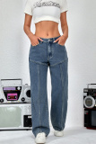 Navy Blue Loose Casual Buttons High Waist Straight Leg Denim Jeans