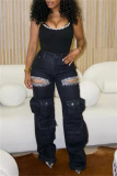 Blue Casual Hollow Out Pocket Hot Drill High Waist Straight Denim Cargo Jeans