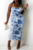 Dark Green Casual Floral Print Sleeveless Backless Spaghetti Strap U Neck Vacation Bodycon Maxi Slip Dress