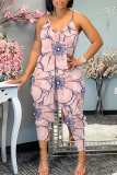 Red Vacation Sexy Casual Loose Floral Print Backless Spaghetti Strap Harem Cami Jumpsuits