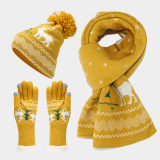 Red Christmas Reindeer Pattern Wapiti Contrast Knitted Hat Scarf Gloves Set