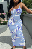 Purple Casual Floral Print Sleeveless Backless Spaghetti Strap U Neck Vacation Bodycon Maxi Slip Dress