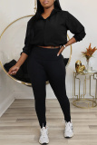 Black Sportwear Yoga Drawstring Zip-up Polo Collar Long Sleeve Sweatshirt and Pencil Sweatpants Fall Winter Two Pieces Sweatsuits Sets