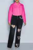 Blue Casual Patchwork Hot Drilling  Heart-shaped Cut OutHigh Waist Straight Denim Jeans