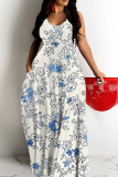Light Green Floral Print Sleeveless Backless Spaghetti Strap Casual Outing Straight Loose Maxi Dress