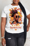 White Brown Casual African Girl Print Round Neck Short Sleeve T-Shirts Tops