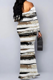 White Floral Polka Dot Print Off Shoulder Long Sleeve One Step Skirt Vacation Boho Maxi Dresses