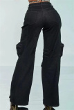 Blue Casual Hollow Out Pocket Hot Drill High Waist Straight Denim Cargo Jeans