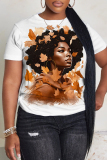 White Brown Casual African Girl Print Round Neck Short Sleeve T-Shirts Tops