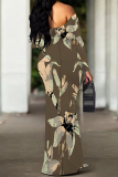 White Floral Polka Dot Print Off Shoulder Long Sleeve One Step Skirt Vacation Boho Maxi Dresses