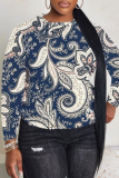 Dark Blue Floral Print Round Neck Long Sleeve Fall Winter Sweatshirt Tops