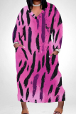 Black Red Stripe Print V Neck Long Sleeve Ankle Length Casual Outings Plus Size Straight Loose Tunic Maxi Dress With Pocket