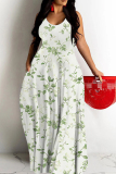 Light Green Floral Print Sleeveless Backless Spaghetti Strap Casual Outing Straight Loose Maxi Dress