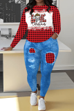 Black Red Christmas Casual Letter Plaid Print Round Neck Long Sleeve Sweatshirt and Pencil Sweatpants Fall Winter Two Pieces Sweatsuits Sets
