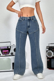 Navy Blue Loose Casual Buttons High Waist Straight Leg Denim Jeans
