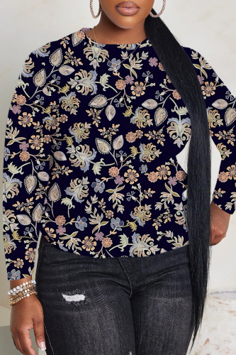 Dark Blue Floral Print Round Neck Long Sleeve Fall Winter Sweatshirt Tops