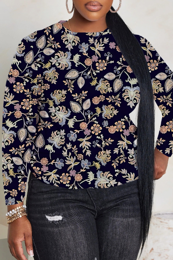 Dark Blue Floral Print Round Neck Long Sleeve Fall Winter Sweatshirt Tops