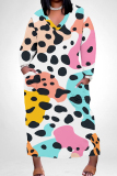 Dark Gray Leopard Print V Neck Long Sleeve Ankle Length Casual Outings Plus Size Straight Loose Tunic Maxi Dress With Pocket