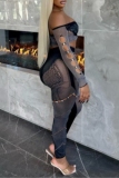 Black Party Club Bodycon Knitted Cut Out See-Through Backless Off Shoulder Long Sleeve Crop Tops and Pencil Pants Two Pieces Sets