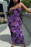 Purple Casual Floral Print Sleeveless Backless Spaghetti Strap U Neck Vacation Bodycon Maxi Slip Dress