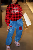 Black Red Christmas letetr Plaid Print Round Neck Long Sleeve Sweatshirt and Patch Sweatpants Fall Winter Two Pieces Sweatsuits Sets