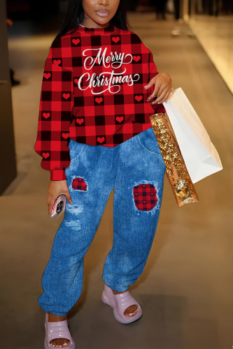 Black Red Christmas letetr Plaid Print Round Neck Long Sleeve Sweatshirt and Patch Sweatpants Fall Winter Two Pieces Sweatsuits Sets