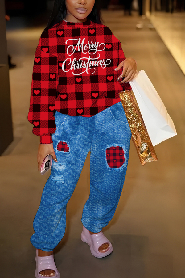 Black Red Christmas letetr Plaid Print Round Neck Long Sleeve Sweatshirt and Patch Sweatpants Fall Winter Two Pieces Sweatsuits Sets
