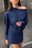 Blue Ruched Irregular Pile Heap Collar Long Sleeve Formal Office Lady Mini Satin Shirt Dresses