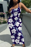 Purple Casual Floral Print Sleeveless Backless Spaghetti Strap U Neck Vacation Bodycon Maxi Slip Dress