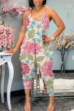 Red Vacation Sexy Casual Loose Floral Print Backless Spaghetti Strap Harem Cami Jumpsuits
