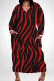 Black Red Stripe Print V Neck Long Sleeve Ankle Length Casual Outings Plus Size Straight Loose Tunic Maxi Dress With Pocket