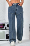 Navy Blue Loose Casual Buttons High Waist Straight Leg Denim Jeans