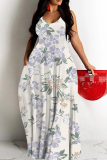 Light Green Floral Print Sleeveless Backless Spaghetti Strap Casual Outing Straight Loose Maxi Dress