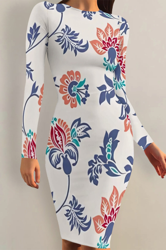 Apricot Floral Letter Print O Neck Long Sleeve Casual Outing Bodycon Pencil Midi Dress