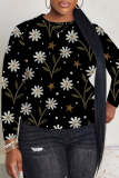 Dark Blue Floral Print Round Neck Long Sleeve Fall Winter Sweatshirt Tops