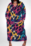 Dark Gray Leopard Print V Neck Long Sleeve Ankle Length Casual Outings Plus Size Straight Loose Tunic Maxi Dress With Pocket