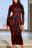 Color Animal Print O Neck Long Sleeve Casual Outing Vacation Fall Bodycon Maxi Dress