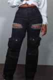 Blue Casual Hollow Out Pocket Hot Drill High Waist Straight Denim Cargo Jeans