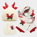 Red Christmas Contrast Reindeer Antler Decor Knitted Scarf Hat Gloves Three Piece Set